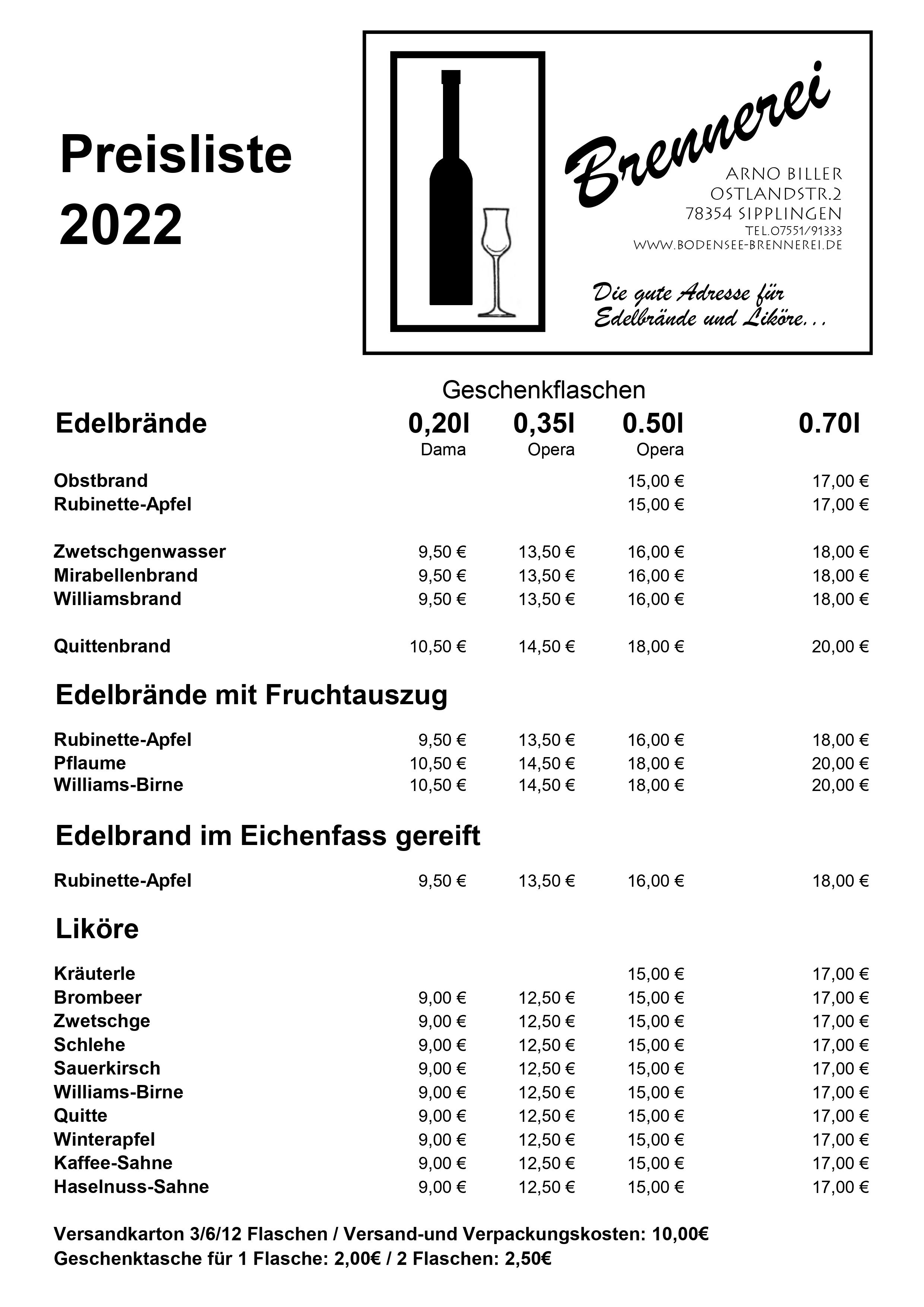 Preisliste 2020